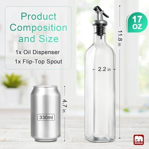 gmisun Olive Oil Dispenser Bottle for Kitchen, 1 Pack 17 Fl Oz Glass Oil Dispensers Bottles, Clear Cooking Vegetable Oil Dispenser Container Cruet Set with Plastic Pourer Spout