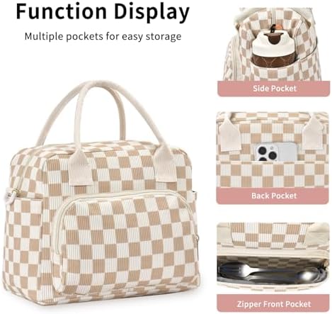 Lunch Bag Women Lunch Box for Women Adult Cute Insulated Lunch Bag Lager Cooler Lunch Tote Bags for Work Picnic (Beige-Brown Plaid)