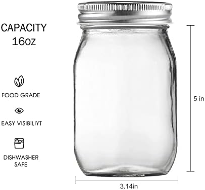 Glass Mason Jars, 16oz Regular Mouth Canning Jar with Airtight Lids, 4 Pack