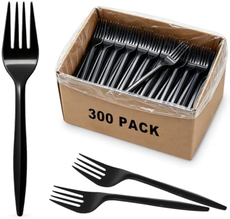 CXPSINC 300 Pack Plastic Forks Disposable, Individually Wrapped Heavy Duty Cutlery Bulk, Sturdy Polypropylene Forks for Restaurants, Takeout, Cafeterias, Parties (300 Pack-Black-Fork)