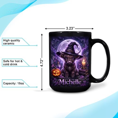 Hyturtle Halloween Highland Cow Mug, Custom Name Gift for Women