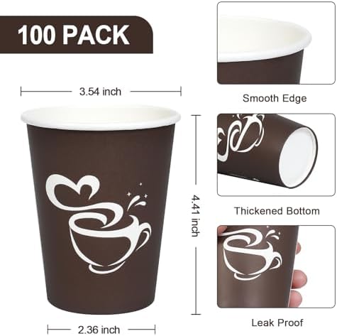 Clawsoff 100 Count 12 oz Coffee Cups Disposable Paper Hot Coffee Cups Brown
