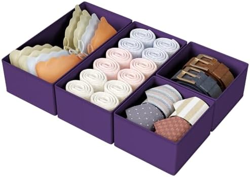 DIMJ Drawer Organizers Clothes, Set of 4 Dresser Organizer Bins, Fabric Closet Organizers and Storage, Shallow Drawer Dividers for Nursery, Clothing, Baby Clothes, Socks, Underwears, Tie (Purple)