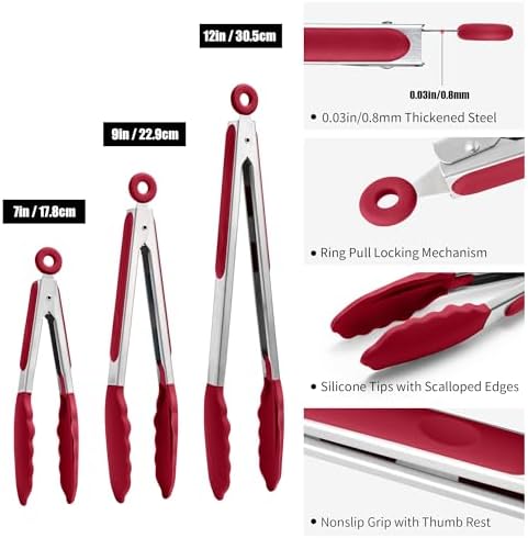 Doosu Kitchen Tongs with Silicone Tips for Cooking Serving (3Pcs, Red)