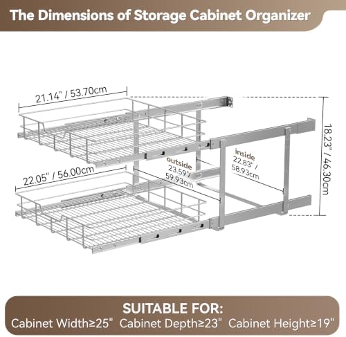 2 Tier Pull Out Cabinet Organizer 24" W X 22" D, Chromed, Full Slide Out