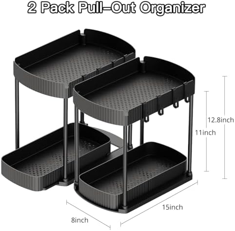 2 Packs Under Sink Pull-Out Storage Organizers, 12.8 Inches, Black