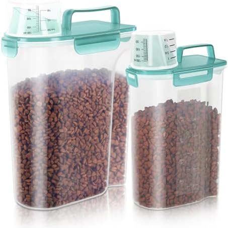 LEAWALK 2Pack Cat Dog Food Storage Container with Upgraded Large Nozzle BPA-free, 3+5lbs Plastic Pet Food Containers with 4 Sealed Clasps/1 Measuring Cup/ Handle Easy to Clean and Carry (Clear Blue)