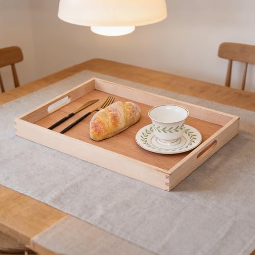 Wooden Serving Tray with Handles (17 Inches) – Decorative Serving Trays Platter for Breakfast in Bed, Lunch, Dinner,Ottoman, Appetizers, Patio, BBQ,Coffee Table, Party (Beech)