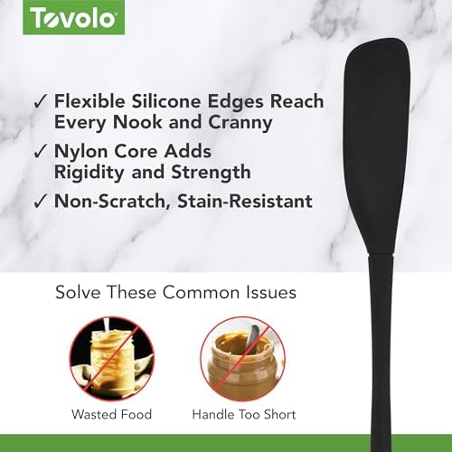 Tovolo Silicone Jar Spatula Long Handled Rubber Scraping Scooping Tool for Peanut Butter Jam Jelly Jars Blenders, Easy Reach Extra Long Flex Core Silicone Jar Scraper Dishwasher Safe BPA Free, Black