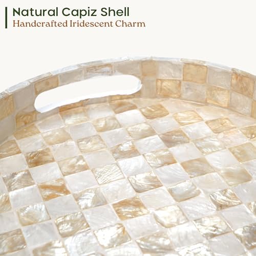 CHI AN HOME 12.6" Decorative Capiz Shell Round Tray for Coffee Table, Ivory