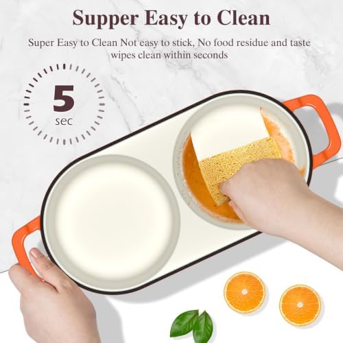 Umite Chef Complete Mini Double Dutch Oven Kit for Sourdough Bread – Enameled Cast Iron Bread Pan with Deep Dual Loaf Pots, Includes 5" Banneton Basket & Cotton Potholders, 500°F Oven Safe (Orange)