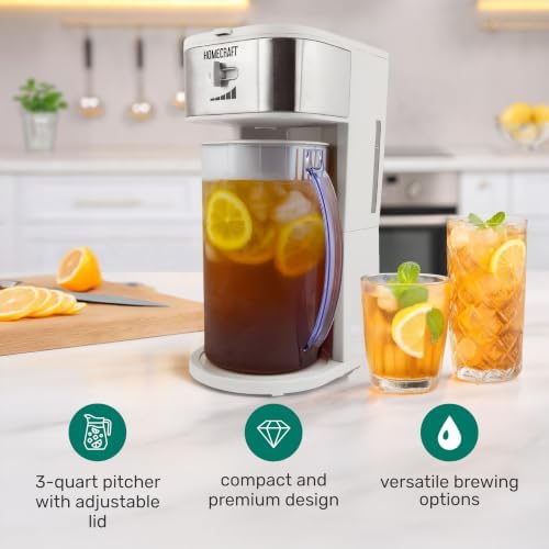 HomeCraft 3-Quart White Stainless Steel Café' Iced Tea And Iced Coffee Brewing System, 12 Cups, Strength Selector & Infuser Chamber, Perfect For Lattes, Lemonade, Flavored Water, Large Pitcher