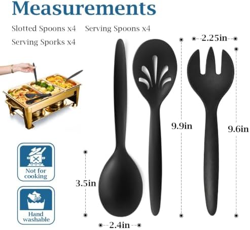 Reusable Plastic Salad Serving Utensils of 12, 10" Wheat Straw Large Salad Server Set Spoons/Slotted Spoons/Sporks, for Party Buffet Catering (Black, Not for Cooking)