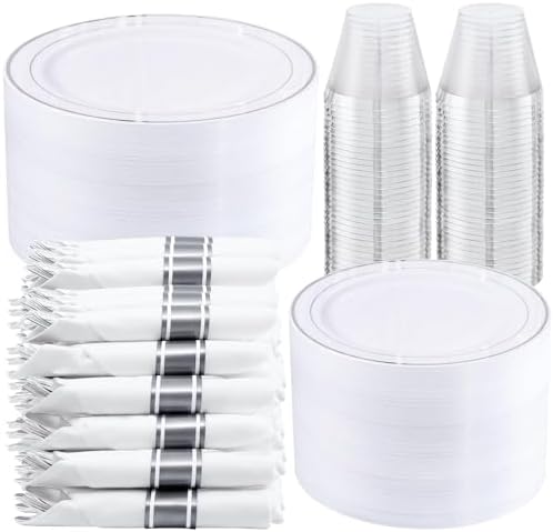 WELLIFE 350-Piece Silver Plastic Dinnerware Set - Disposable 10.25" Dinner Plates, 7.5" Dessert Plates, 9oz Silver Rim Cups & Cutlery for Weddings - 50 Guest Service - Elegant Disposable Silverware