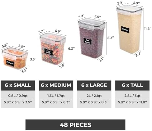Freshware Kitchen Storage Containers with Lids, 48 PCS Airtight Food Storage Containers, Plastic Kitchen Containers, Pantry Containers for Cereal, Dry Food, Includes Labels, Marker & Measuring Spoons