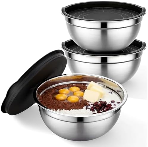 Beasea Stainless Mixing Bowls Set of 3, 4 QT Stainless Steel Nesting Mixing Bowls with Lids, Stackable Baking Bowl with for Kitchen, Food Prepping, Salad and Serving
