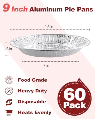 60 Pack 9 Inch Disposable Aluminum Pie Pans - Round Foil Pie Tins, Foil Plates, Takeout Food Containers for Tart Baking, Cooking, Reheating, Roasting