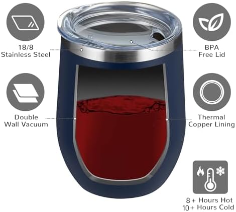 MEWAY 12oz/12 Pack Wine Tumbler Glasses with Lid -Double Wall Vacuum Stainless Steel Travel Tumbler Mug,Stemless Insulated Wine Cup for,Coffee,Cocktails,Gifts (Navy,Set of 12)