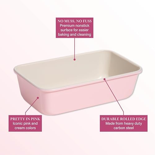 Paris Hilton Nonstick Carbon Steel Bakeware Collection, 9-Inch x 5-Inch Loaf Pan, Dishwasher Safe, Made without PFOA and PFAS, Pink Cream Two-Tone
