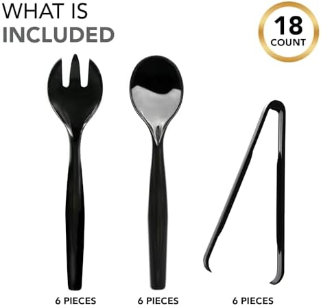 Party Essentials Disposable Heavy Duty Plastic Serving Utensils for Buffets Events Parties, 6-Sets of Spoons/Forks/Tongs, Black