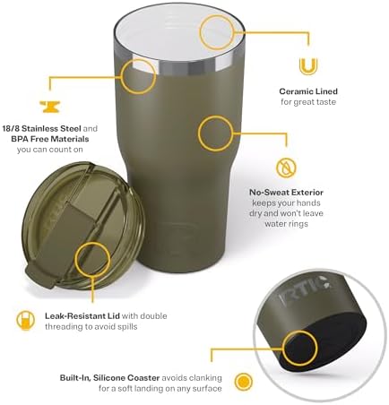 RTIC 30oz Essential Tumbler with Lid, Ceramic Lined, Olive