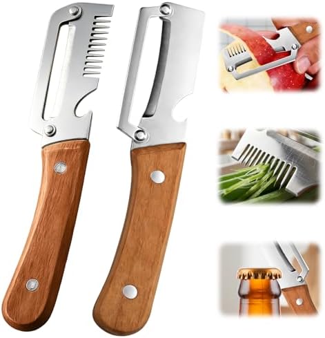 2026 Upgrade Vegetable Peeler With Wooden Handle, Stainless Steel Wide Blade Potato and Carrot Peeler, 3-in-1 Veggie Peeler With Scallion Shredder and Bottle Opener for Kitchen, Camping and Trave