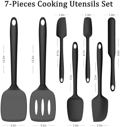 Coukre Silicone Spatula Set of 7, BPA Free Food Grade Silicone Cooking Utensils, Heat Resistant Kitchen Tools for Nonstick Cookware, Dishwasher Safe Spatulas for Cooking and Baking（7,PureBlack）