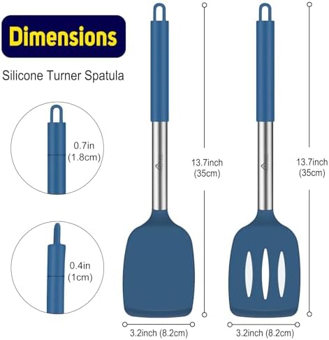 HOTEC Silicone Spatula Set of 2 Heat-Resistant 600°F & BPA-Free Kitchen SaptulaTurner with Stainless Steel Handles, Slotted & Solid Spatulas for Nonstick Cookware, 13.7 Inch, Classic Blue