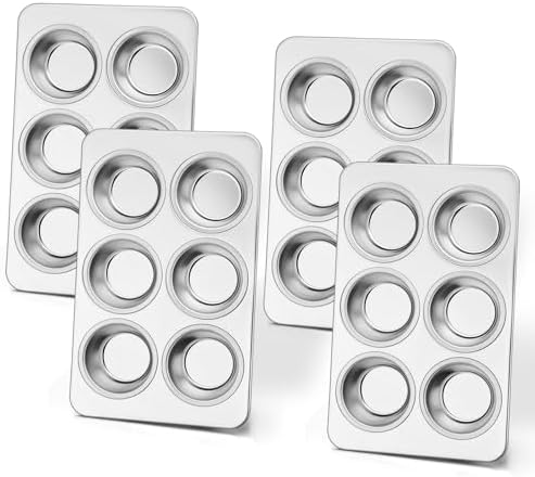 E-far Muffin Pan Set of 4, Stainless Steel Muffin Pan Tin for Baking, 6-Cup Metal Cupcake Pan Tray, Non-toxic & Healthy, Oven & Dishwasher Safe, Regular Size - 11.44 x 7.12 x 1.25 Inch