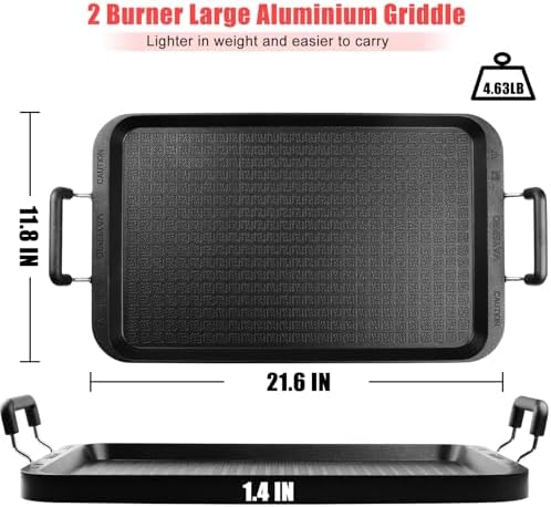 Vayepro 2-Burner Griddle Pan, 22 Inch Nonstick Stovetop Griddle for Gas & Glass Cooktops, Aluminum Grill Pan with Handles, Large Double Burner Griddle for Kitchen, Camping & Outdoor Cooking