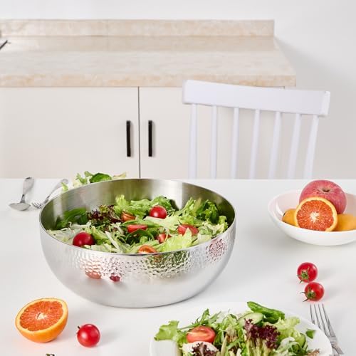 Brightalk 150oz Stainless Steel Hammered Salad Bowl, Large Fruit Popcorn Serving Bowl