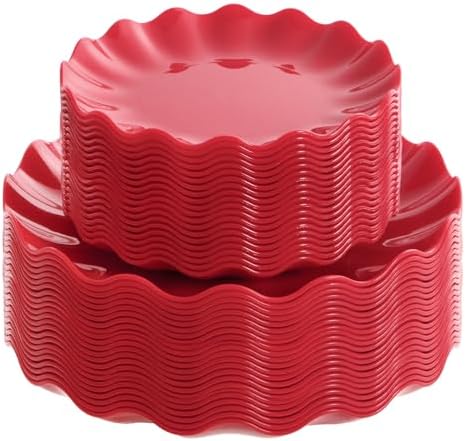 LIYH Red Christmas Plastic Plates Reusable Unbreakable, Dishwasher 25Guests