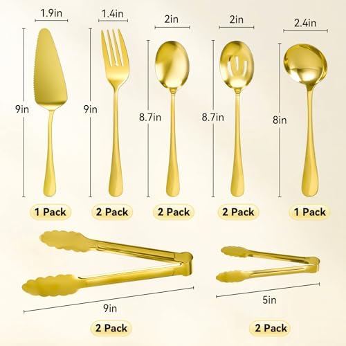 Artcochan 12 PCS Gold Serving Utensils, Stainless Steel Set Includes Large Serving Spoons, Slotted Spoons, Ladle, Forks, Tongs, Appetizers Tongs and Cake Server for Buffet Party Catering