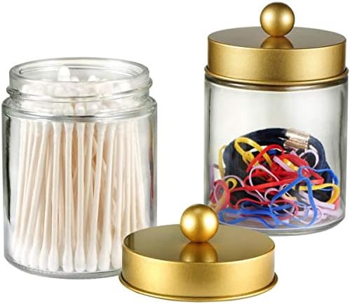 Amolliar Glass Apothecary Jar Qtip Holder Metal Lids 4pc/Gold