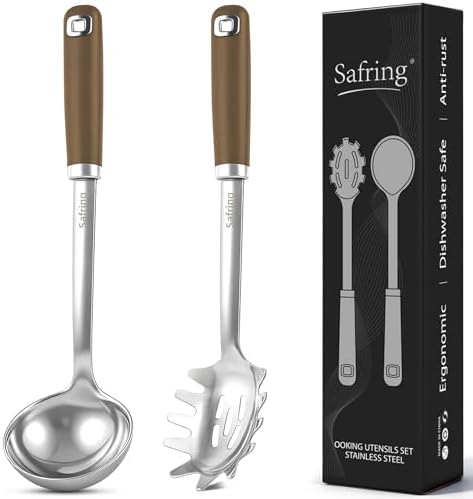 Safring Stainless Steel Soup Ladle and Spaghetti Spoon Set, Heat Resistant Rubber Handle, Dishwasher Safe, Kitchen Utensils for Cooking, Stirring, Serving Pasta, Soup & Sauce (Coffee)