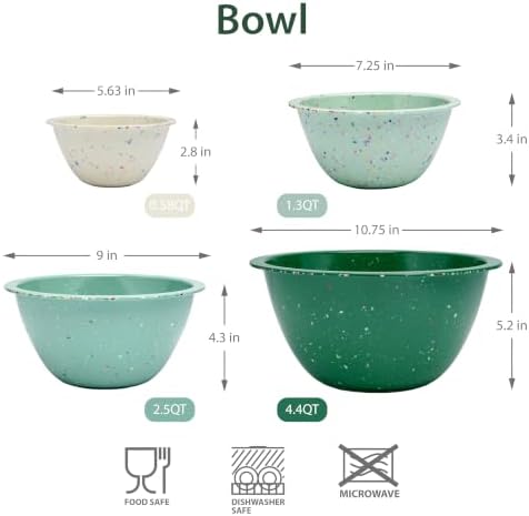 bzyoo Confetti Melamine Mixing Bowls Set, 4 Piece Nesting BPA free Green