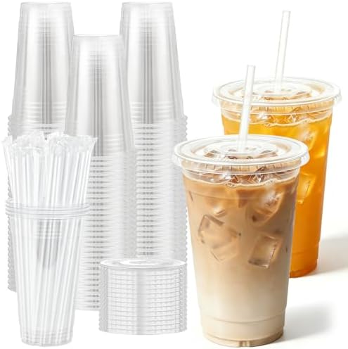 20 oz 50 Pack Disposable Clear Plastic Cups with Lids and Straws