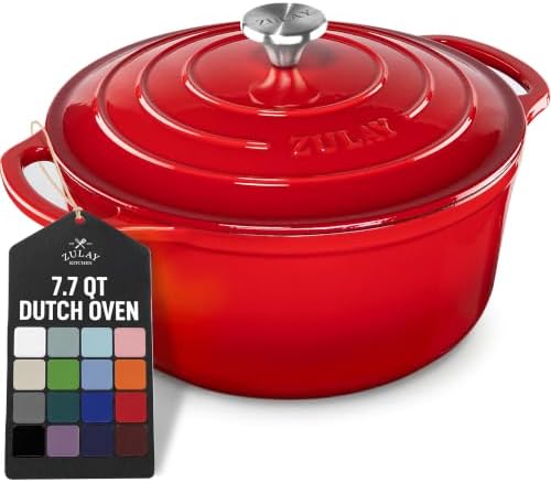 Zulay Kitchen 7.7 Quart Enameled Cast Iron Dutch Oven Pot with Lid – Premium Durability & Oven Safe up to 500°F – Heavy Duty Cookware Perfect for Bread Baking, Stews, Braising & Roasting – Ablaze Red