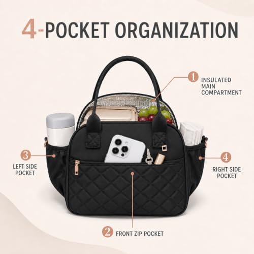BTOOP Lunch Box for Women, Quilted Insulated Lunch Bag with Shoulder Strap