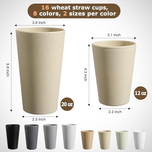 HEYCOME Set of 16 Wheat Straw Cups, 8 Pcs 20 oz & 8 Pcs 12 oz Unbreakable Drinking Cups, Reusable Plastic Cups Sets, Water Glasses Tumblers, Microwave & Dishwasher Safe, Bpa Free, 8 Colors
