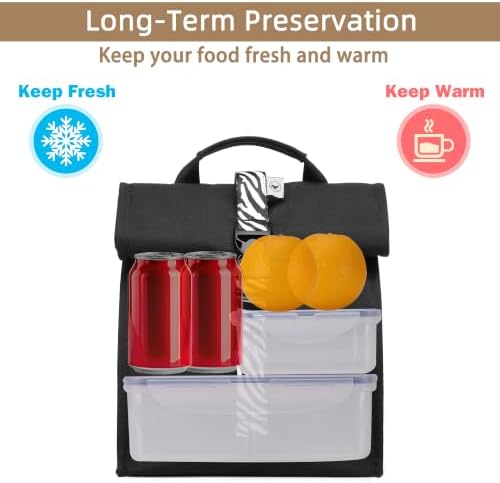 SUNNY BIRD Insulated Lunch Bag Rolltop Lunch Box (Black with white strap)