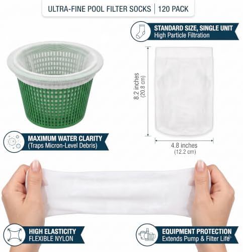120 Pack Pool Filter Socks for Skimmer Baskets, Ultra Fine Mesh Reusable Pool Skimmer Socks for Above Ground and Inground Pools, Catches Debris, Leaves, Hair, and Branches