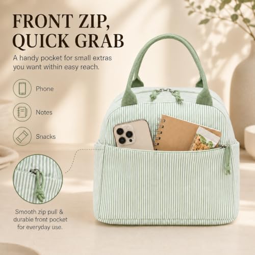 Bluboon Lunch Box for Women Cute Lunch Bag Reusable Insulated Lunch Bags Large Capacity Lunchbox Cooler for Work Picnic or Travel Gifts (A Sage Green White Stripes-13L, 10 x 7.5 x 8 inches)