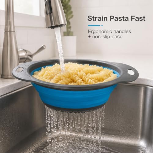 Collapsible Colander Set, 3 Pack Silicone Kitchen Strainer Set, Space Saving Design, Small Round Colander Baskets for Draining Pasta, Vegetable and fruit, (2Qt+3Qt+5Qt)