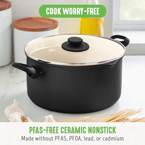 GreenLife 6QT Ceramic Nonstick Stockpot with Glass Straining Lid, Black