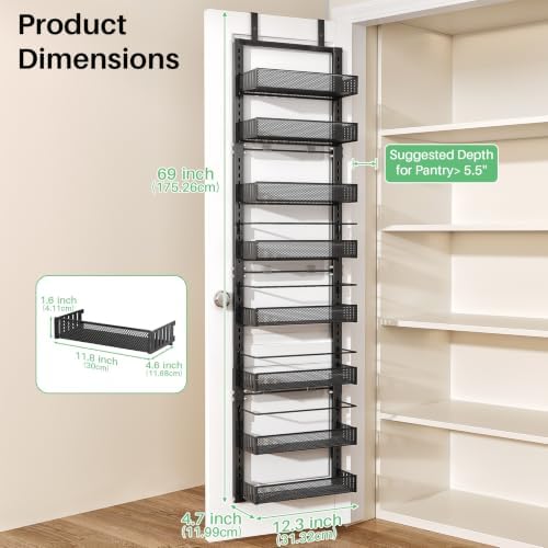 SNTD 8 Tiers Narrow Over the Door Organizer, 12.3"W x 4.7"D x 69"H, Black