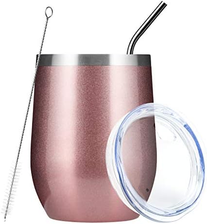 MEWAY Stemless 12 OZ Wine Tumbler Glasses with Lid -Insulated Double Wall Vacuum Stainless Steel Travel Tumbler with Straw,for Woman Under 10 dollars (Rose gold,1)