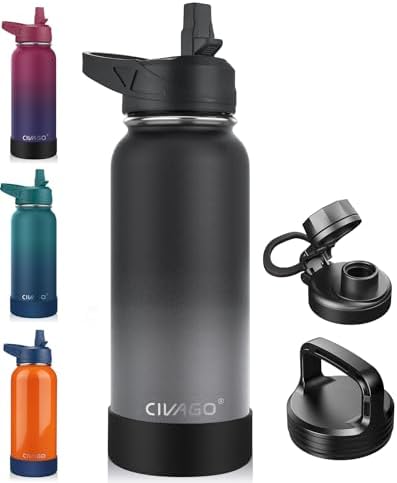 CIVAGO 32 oz Insulated Stainless Steel Water Bottle With Straw and 3 Lids