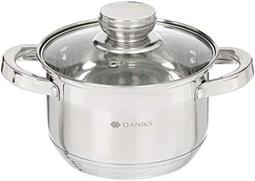 Daniks Standard 2 Quart Stainless Steel Stock Pot with Glass Lid, Try-Ply Bottom for Even Heating, Induction Compatible, Dishwasher Safe, Built-In Measuring Scale, Silver
