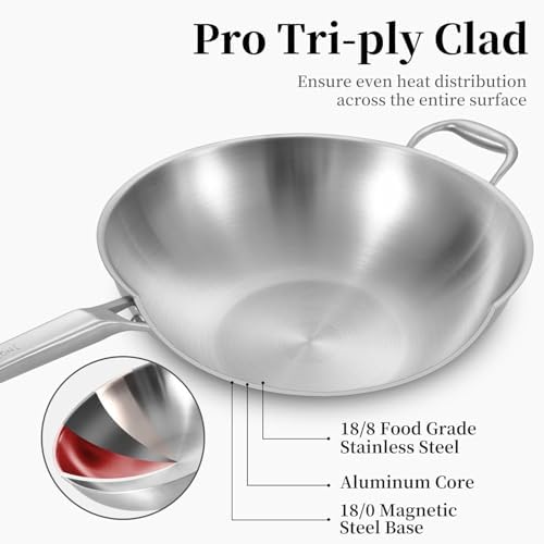 Inqibee 14 Inch Stainless Steel Wok Pan with Lid, Detachable Handle
